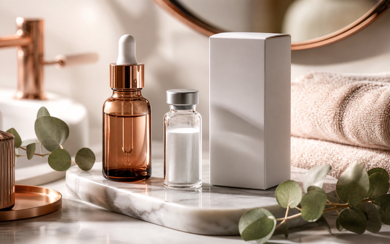 Premium Glow Stack guide visual with skincare props and unbranded vial