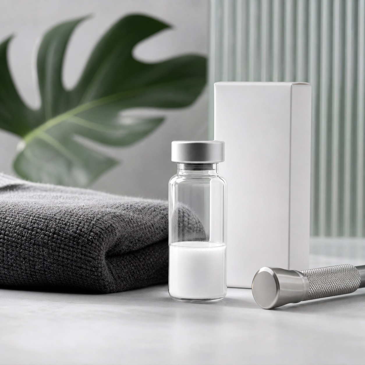 Premium BPC-157 product concept with unbranded vial and recovery props