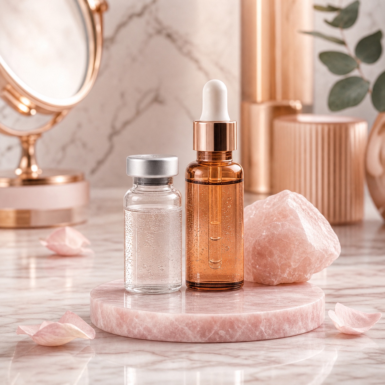 Premium GHK-Cu product concept with unbranded vial and copper skincare props