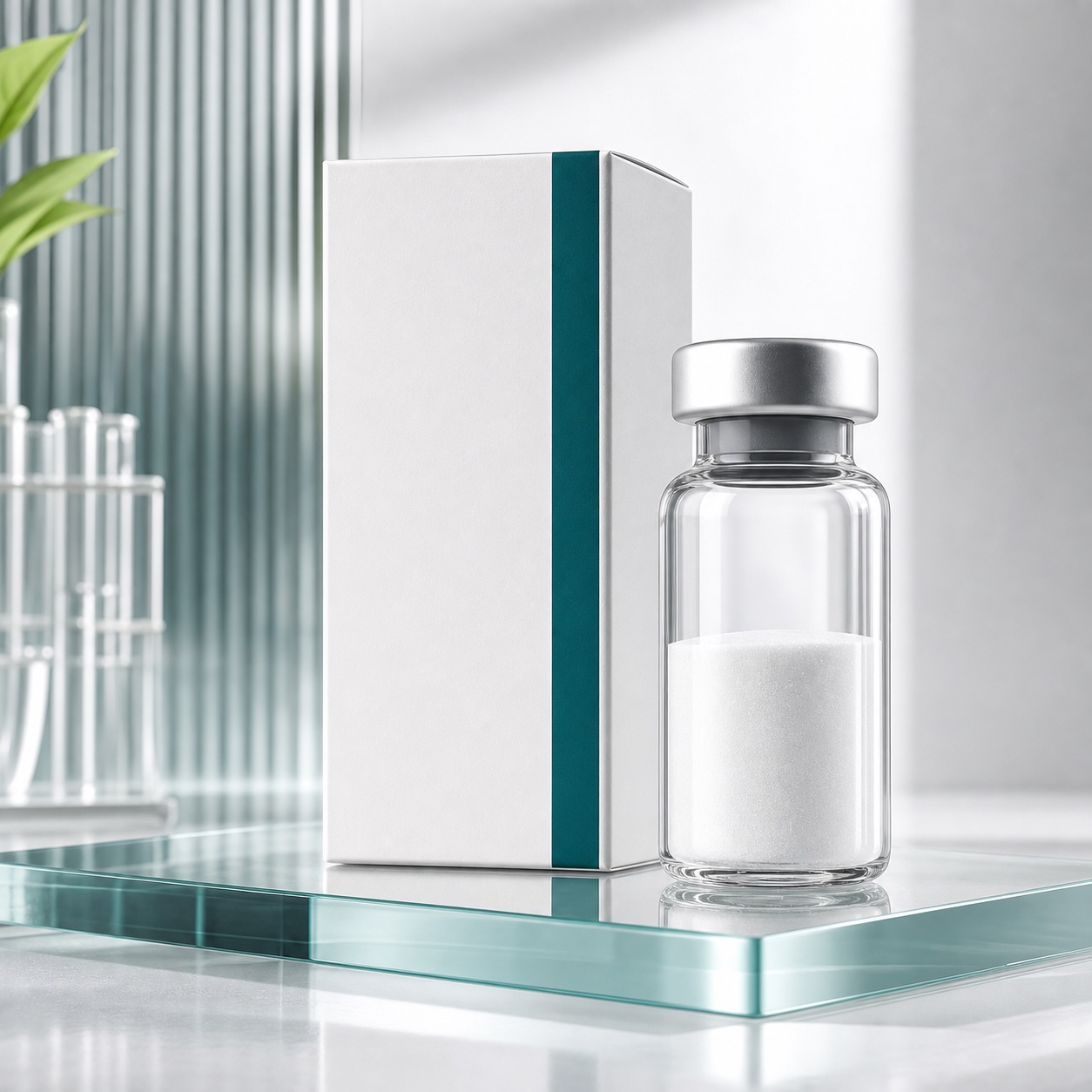 Premium Retatrutide product concept with unbranded vial and white carton