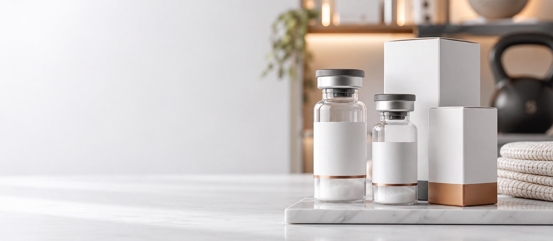 Premium Recovery Stack packaging and vials in a wellness recovery setting