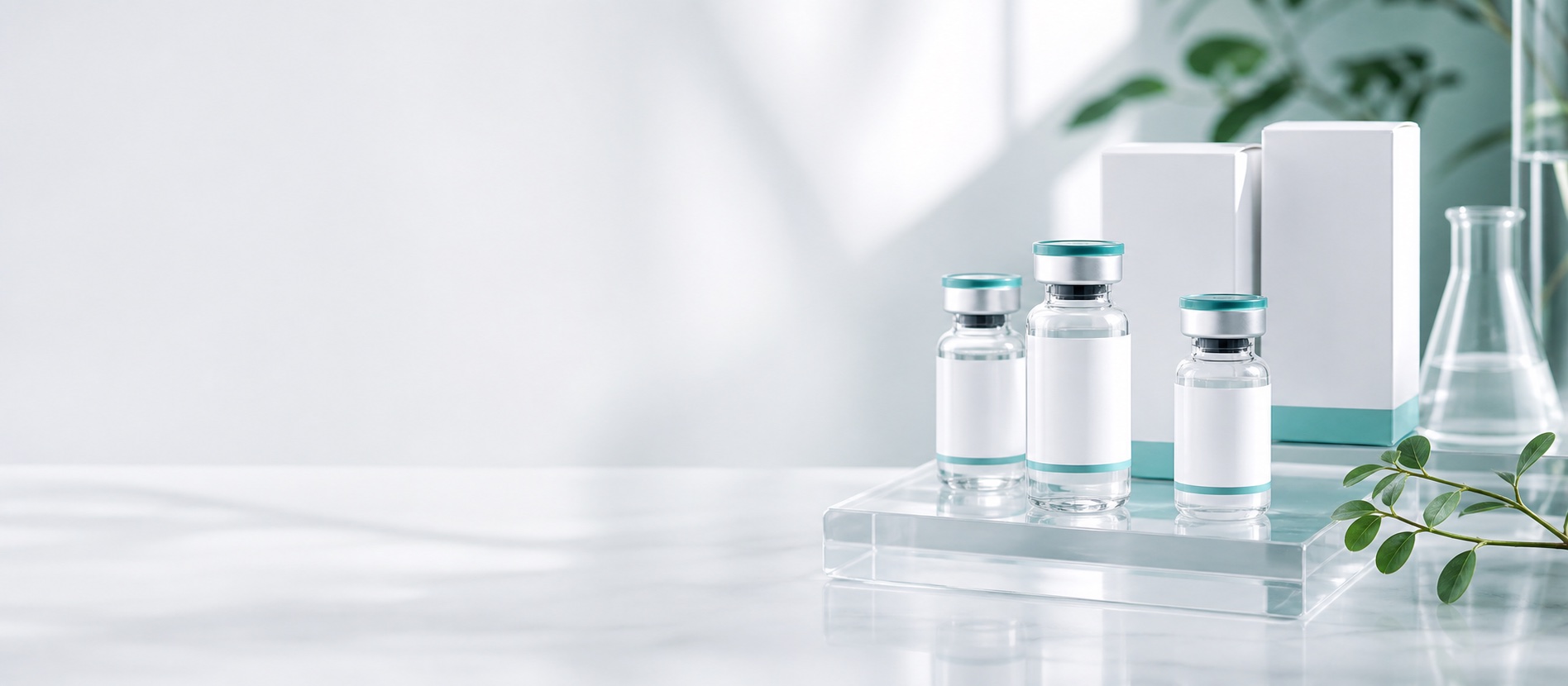 Premium GLP-style packaging and vials on a bright clinical surface